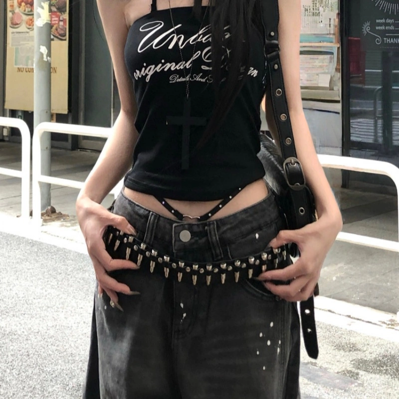 Rivet Belt Black Spicy Girl Style Punk-inspired Versatile