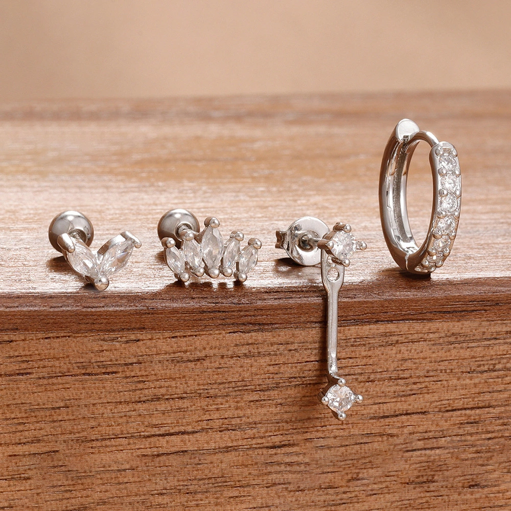 Stainless Steel Zircon Back-Pin Earrings Womens Simple Style