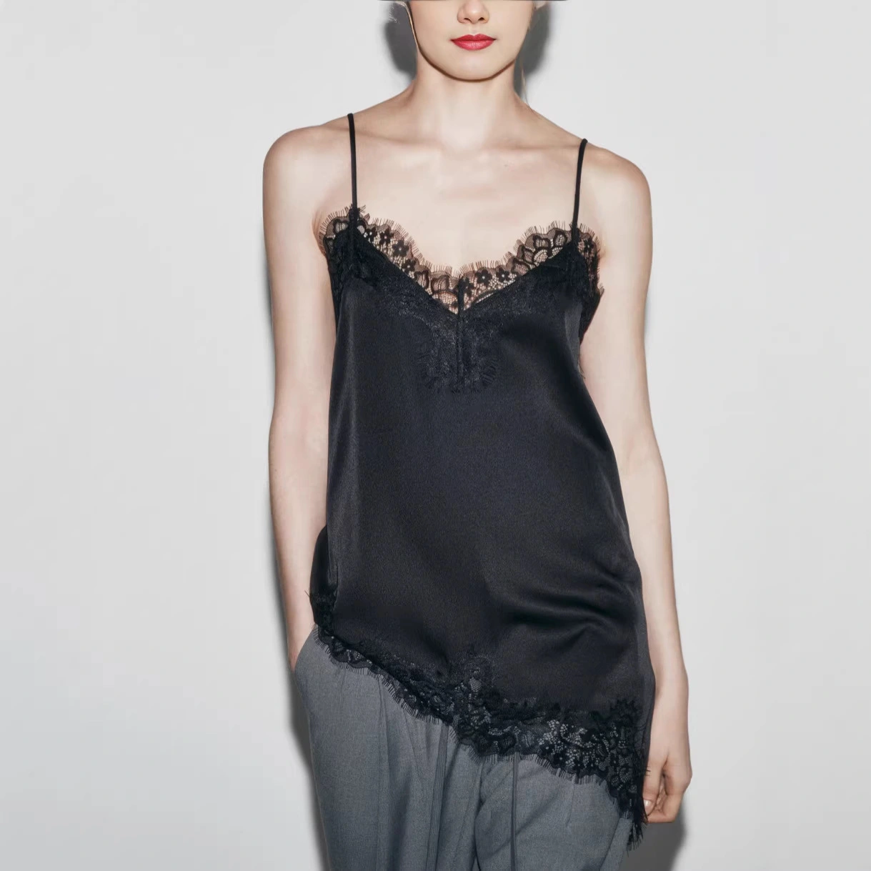 Womens Lace-Panel Irregular Adjustable Tank Top
