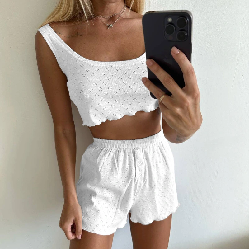 Casual Womens Solid-Colored Hollow-Out Top And Pants Set