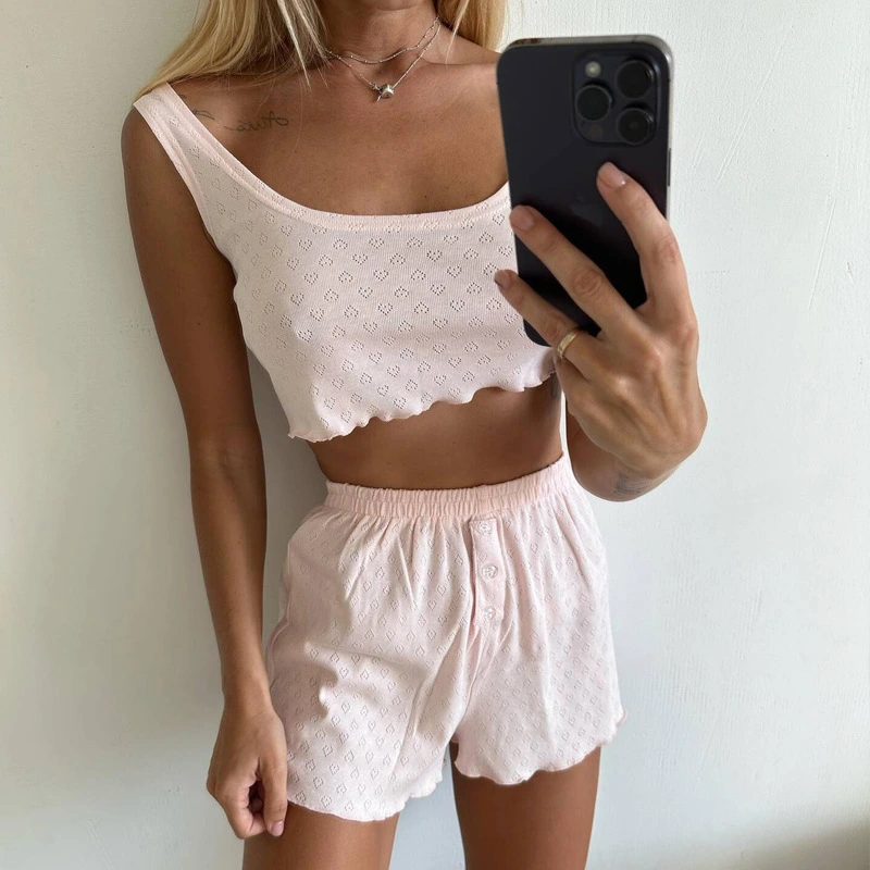 Casual Womens Solid-Colored Hollow-Out Top And Pants Set