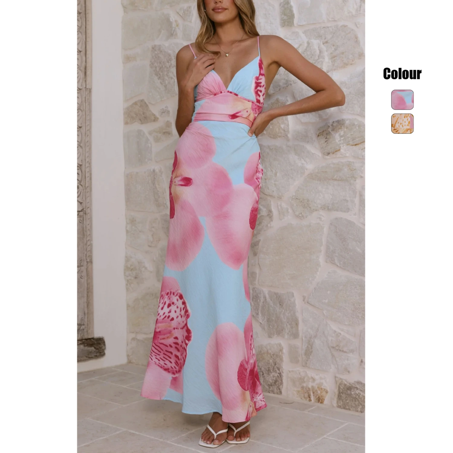 Printed Mid-Waist V-Neck Slip Dress For Women