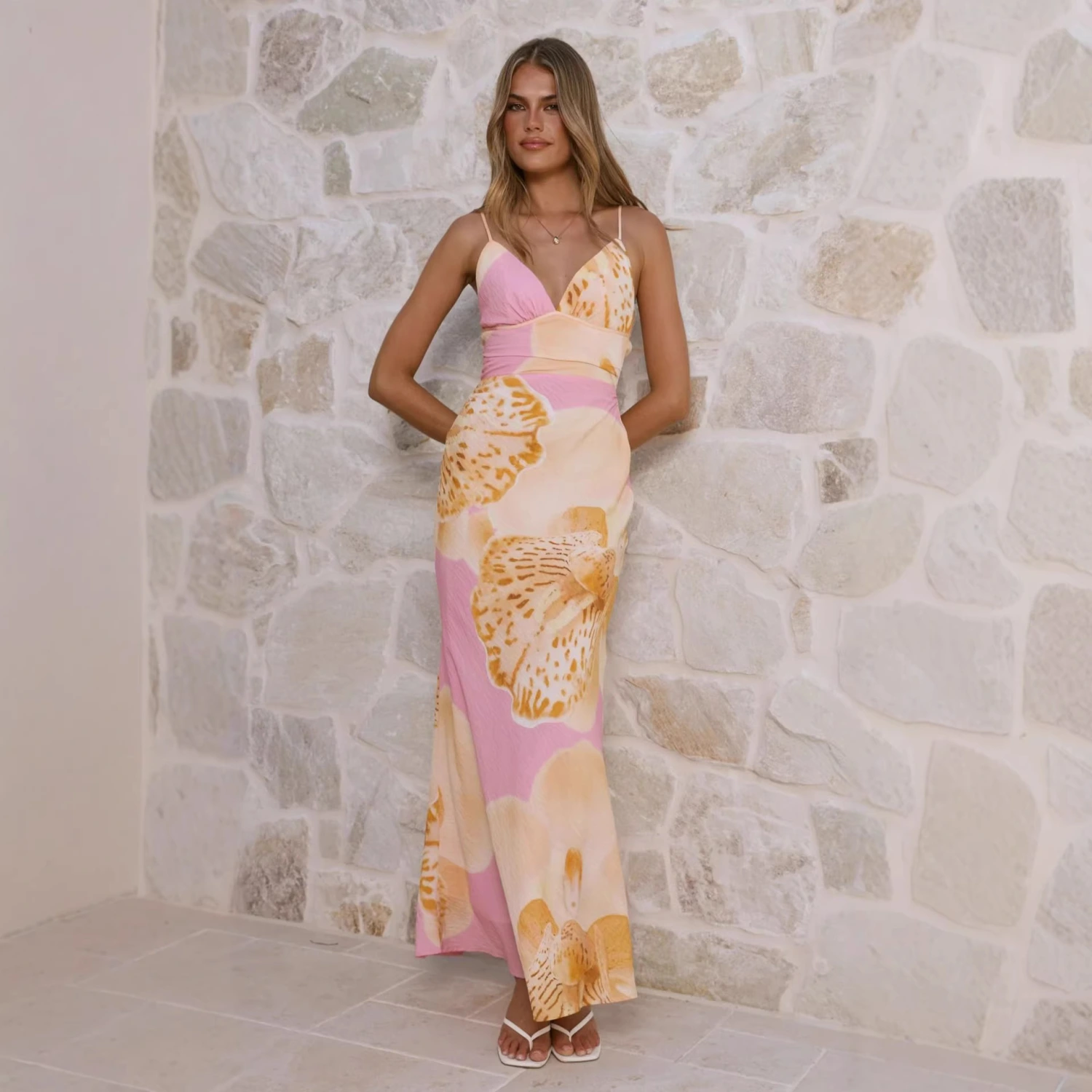 Printed Mid-Waist V-Neck Slip Dress For Women