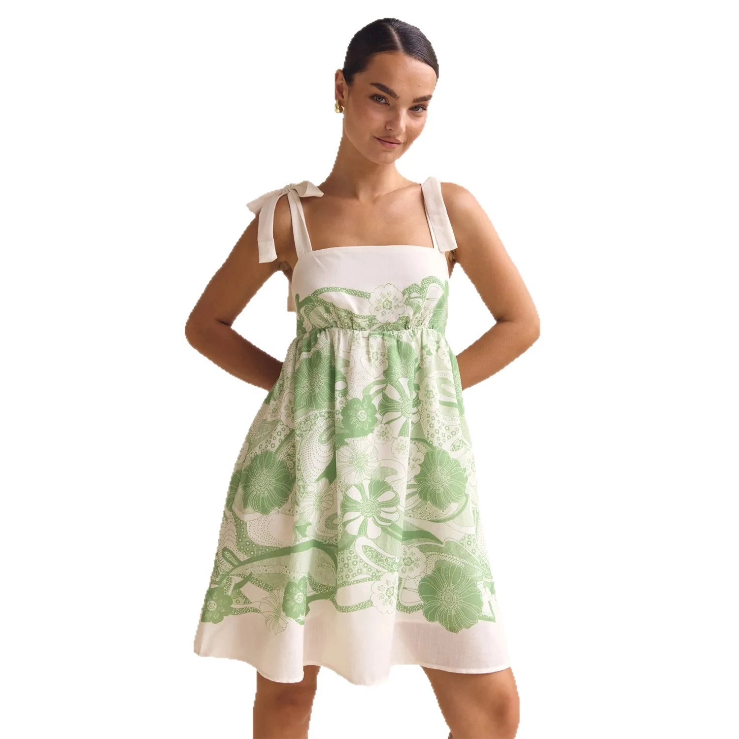 Spring Summer Resort Style Printed Lace Up Short Dress