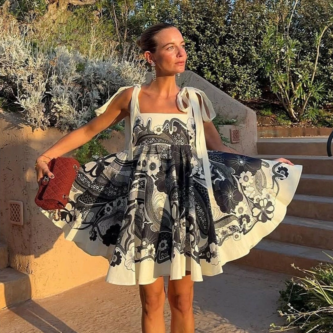 Spring Summer Resort Style Printed Lace Up Short Dress