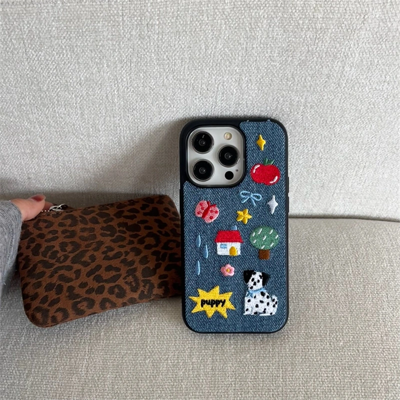 Embroidered Denim Dalmatian Dog Design Suitable For 16 Pro Max