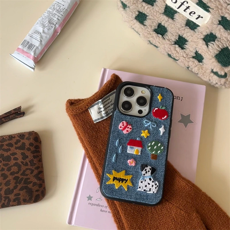 Embroidered Denim Dalmatian Dog Design Suitable For 16 Pro Max