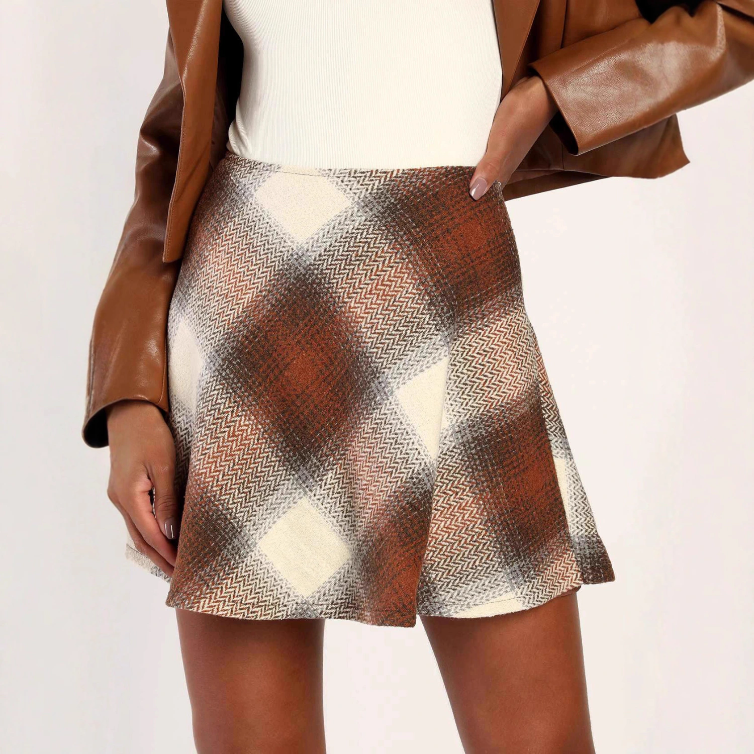 Woolen Midi High-waisted Plaid A-line Skirt European And American Style