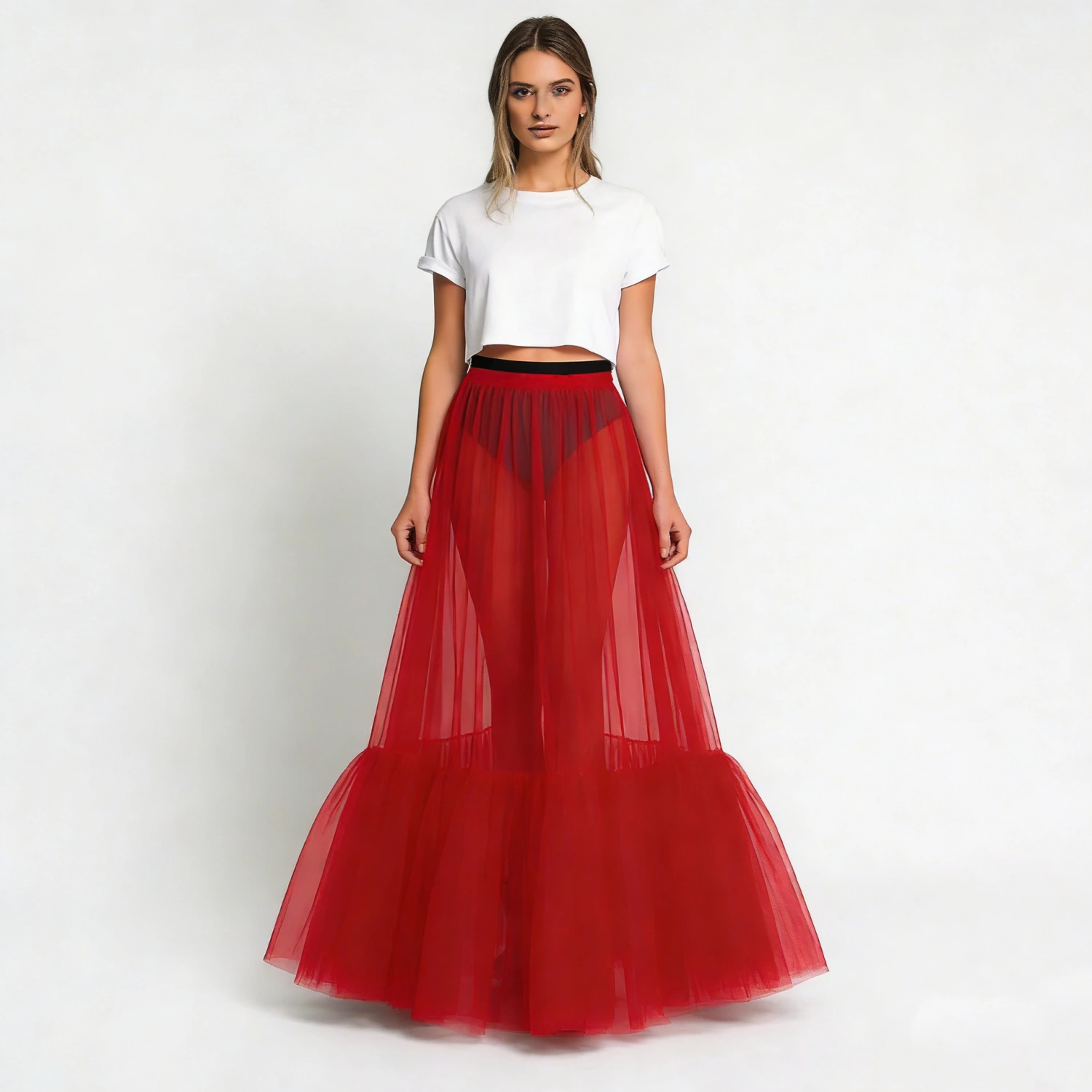 Puffed Fishtail Stiff-net Petticoat With Ruffled Hem Sheer Mid-length Skirt