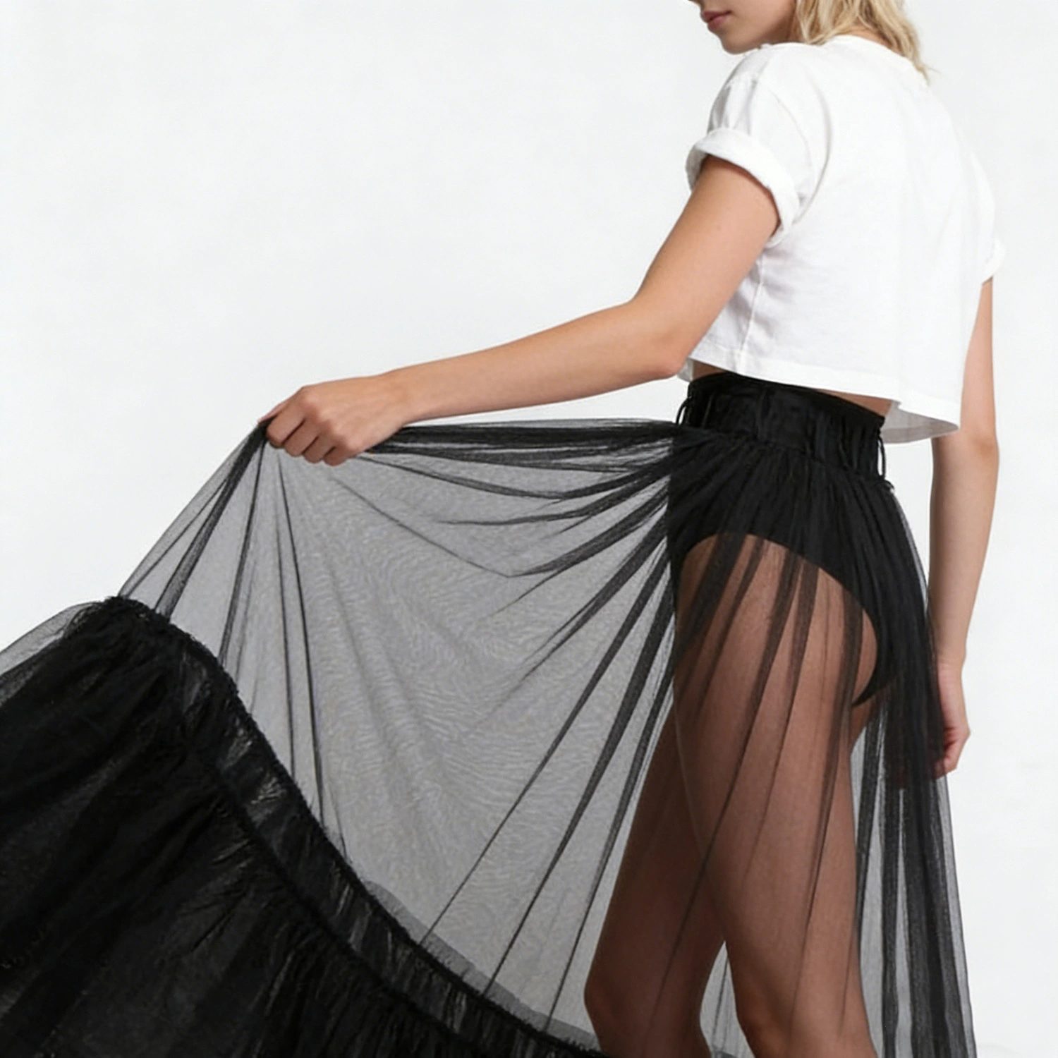 Puffed Fishtail Stiff-net Petticoat With Ruffled Hem Sheer Mid-length Skirt