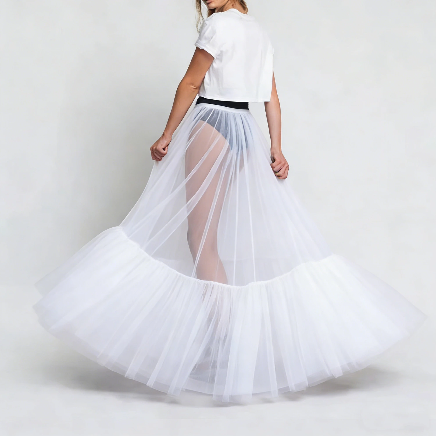 Puffed Fishtail Stiff-net Petticoat With Ruffled Hem Sheer Mid-length Skirt