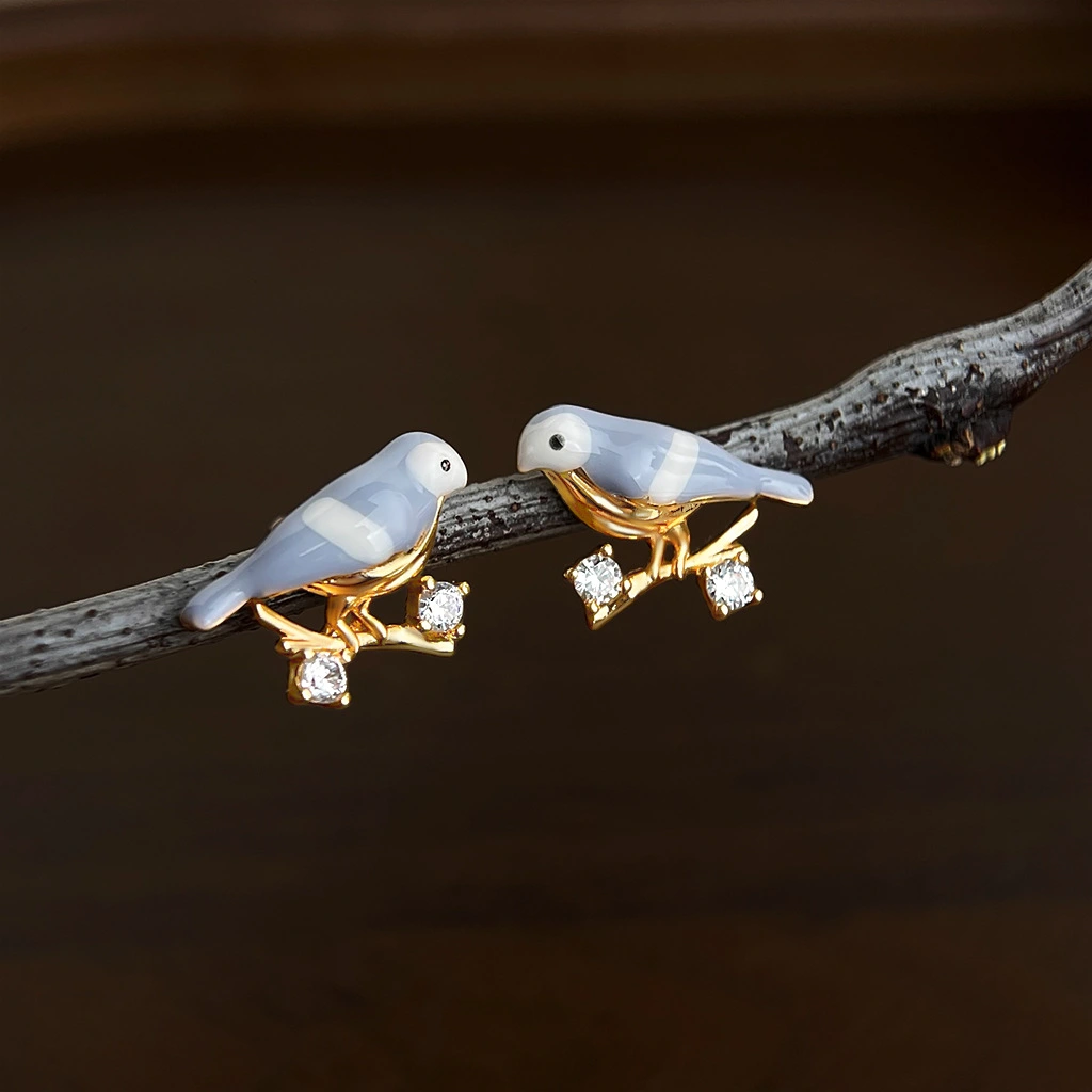 Enamel Droplet Glaze-Painted Little Bird Earrings