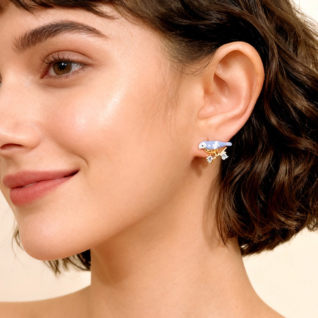 Enamel Droplet Glaze-Painted Little Bird Earrings
