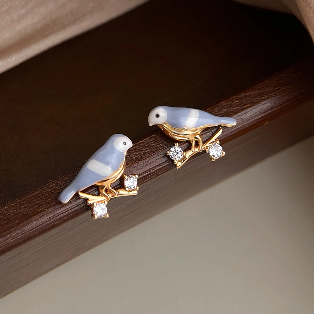 Enamel Droplet Glaze-Painted Little Bird Earrings