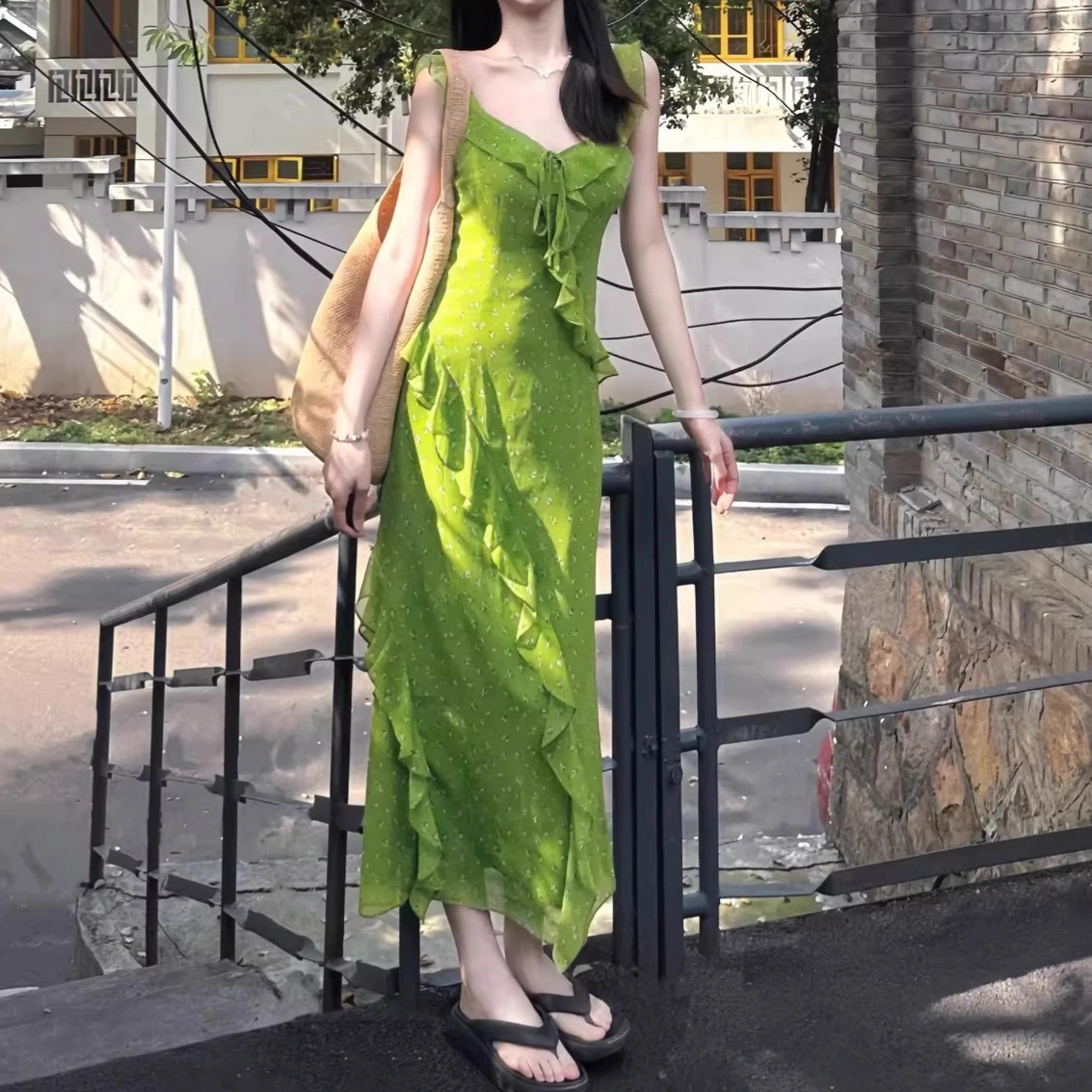 Floral Ruffle Trimmed V Neck Slip Dress For Women