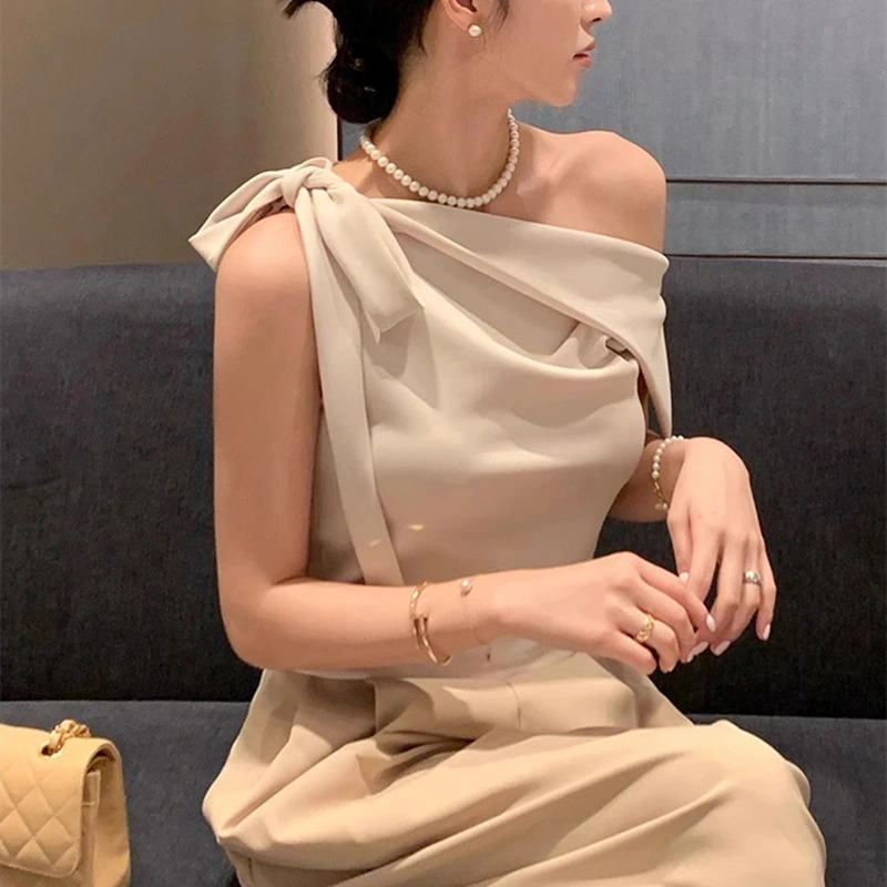 Fashionable Slash-Neck Off-Shoulder Top With Bow Tie For Women