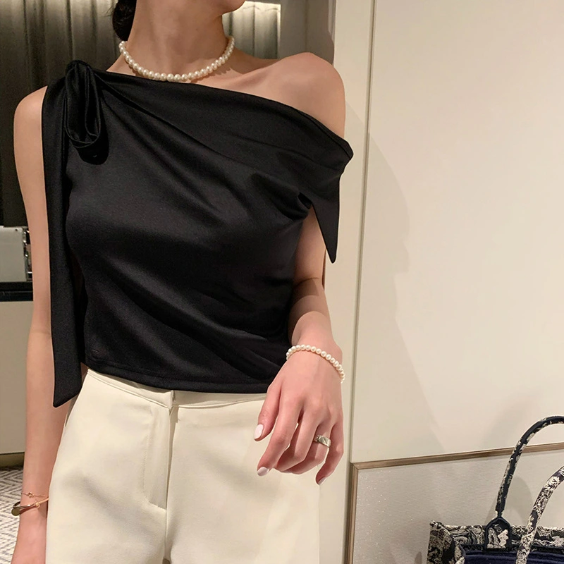 Fashionable Slash-Neck Off-Shoulder Top With Bow Tie For Women