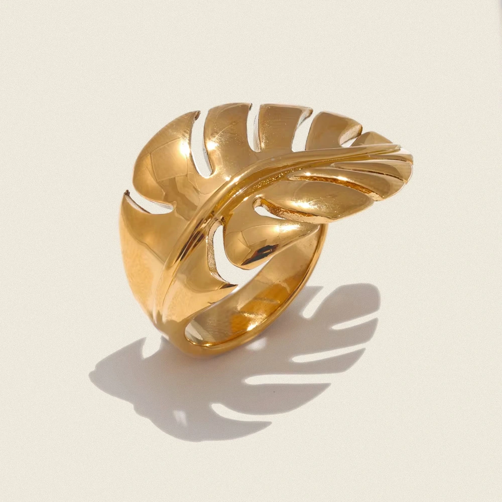 Fashion Forged Leaf Open Ring Stainless Steel