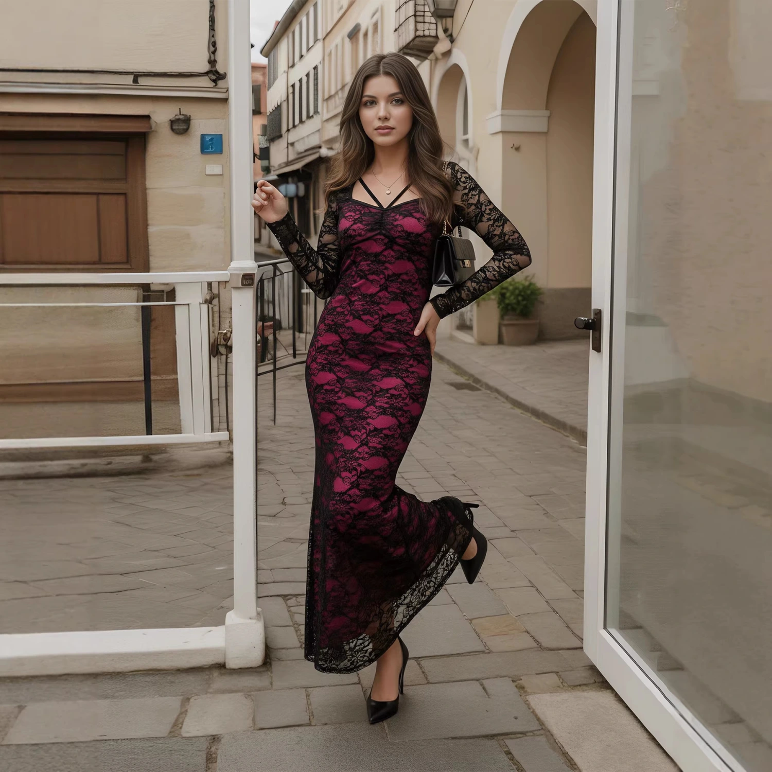 Solid Color Loose And Versatile Slim-fit Lace-panelled Sheath Dress