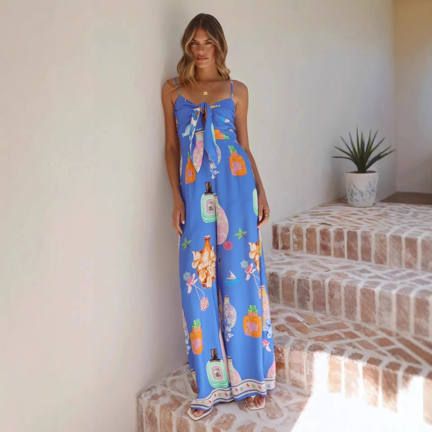 Women's Digital Print High Waist Resort Style Jumpsuit