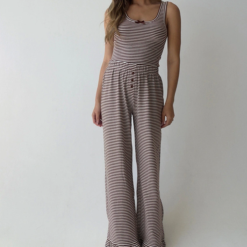 Casual Homewear Striped Vest With Ruffle-trimmed Pants Pajama Set Suitable For Outside Wear