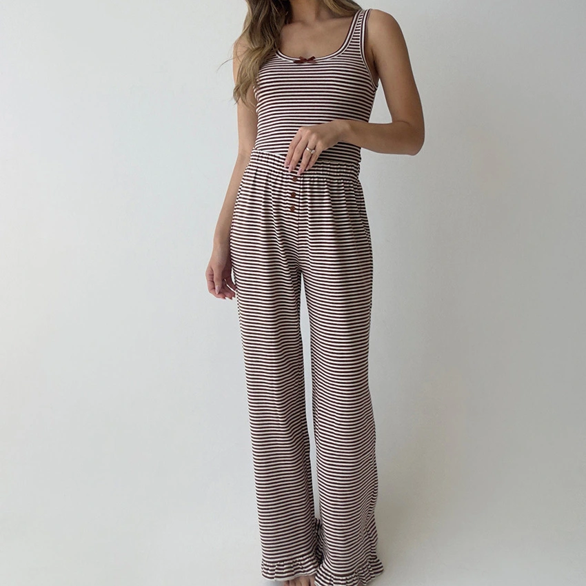 Casual Homewear Striped Vest With Ruffle-trimmed Pants Pajama Set Suitable For Outside Wear