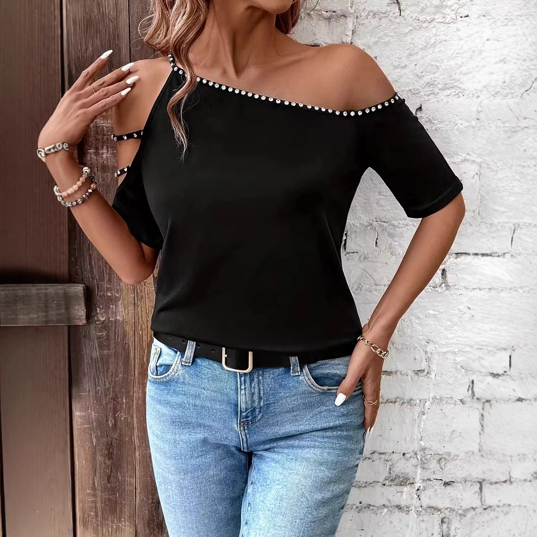 European And American Women's Casual Hollow-Out Off-Shoulder T-Shirt
