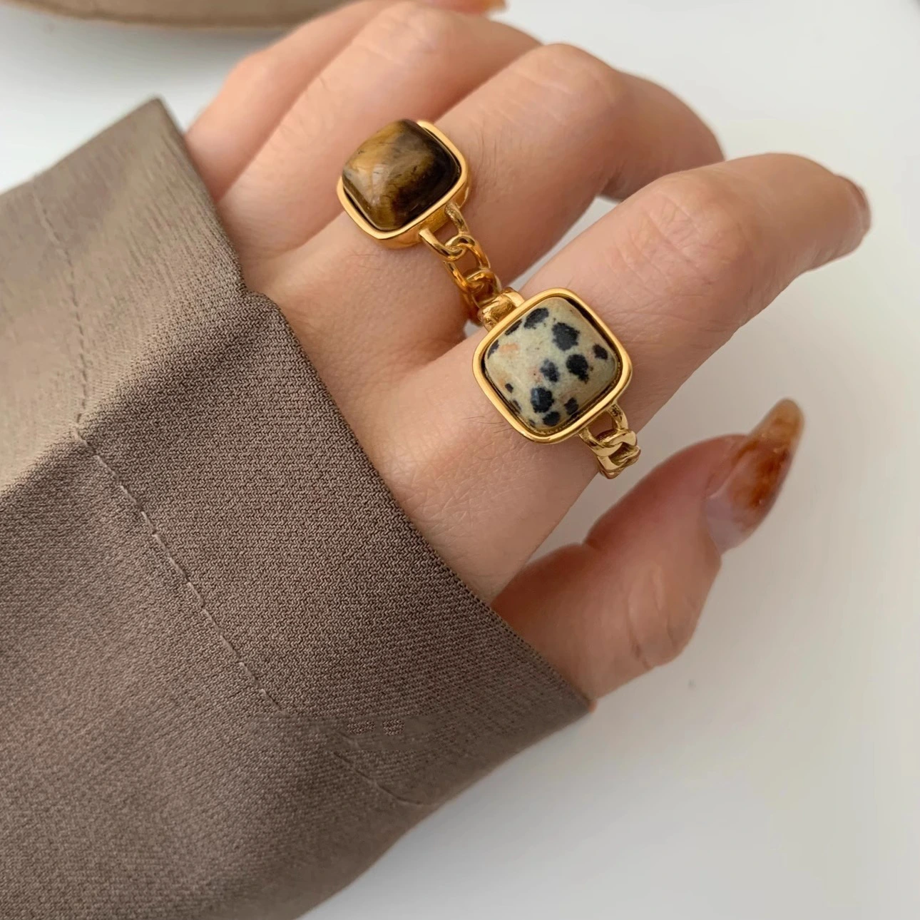 Retro Geometric Natural Tiger Eye Stone Open Ring For Women