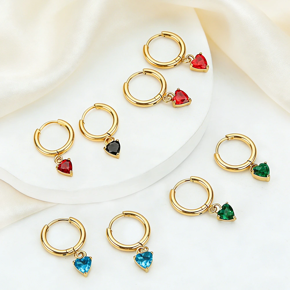 Stainless Steel Heart-Shaped Zircon Earrings Fashionable For Women