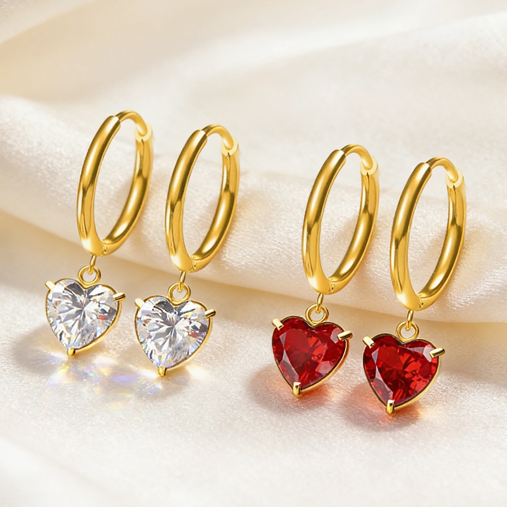Stainless Steel Heart-Shaped Zircon Earrings Fashionable For Women