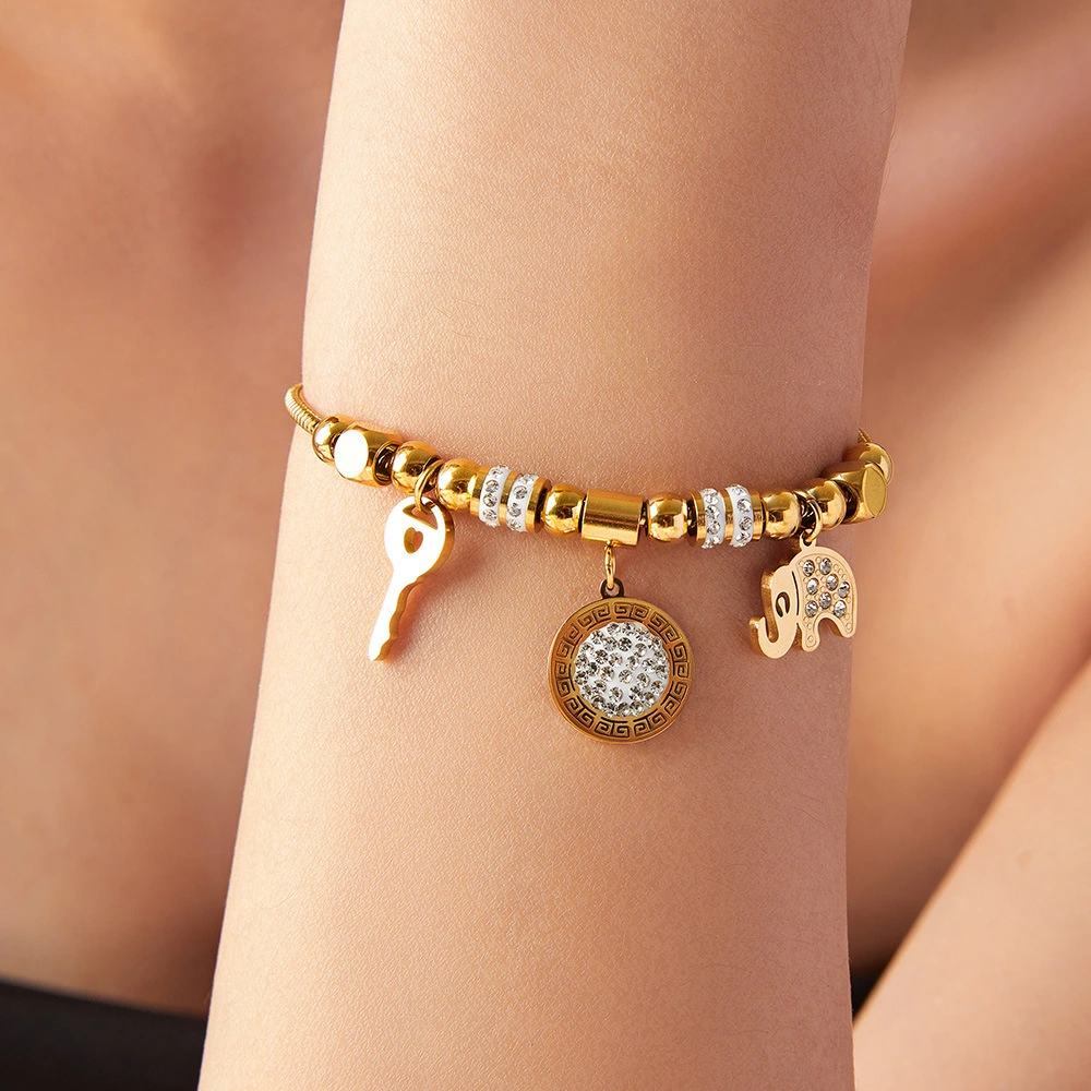 Geometric Titanium Steel Gold-plated Diamond-studded Drawstring Bracelet
