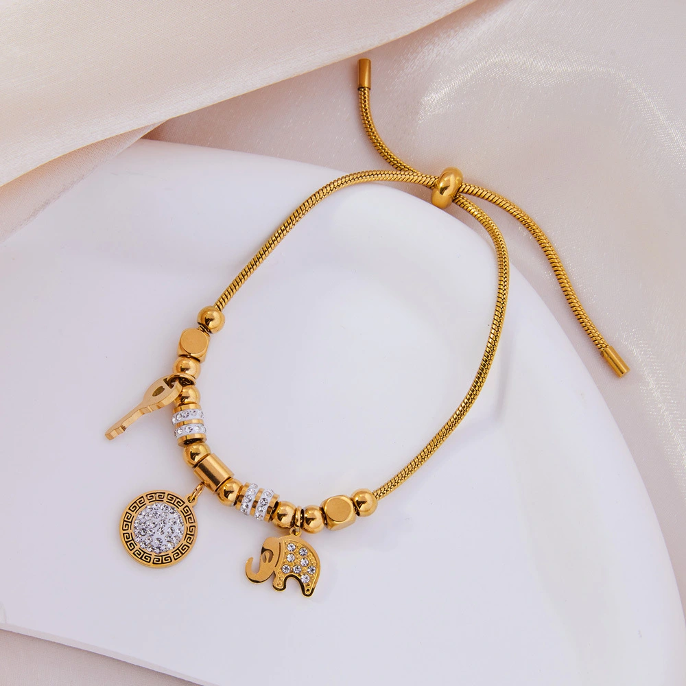 Geometric Titanium Steel Gold-plated Diamond-studded Drawstring Bracelet