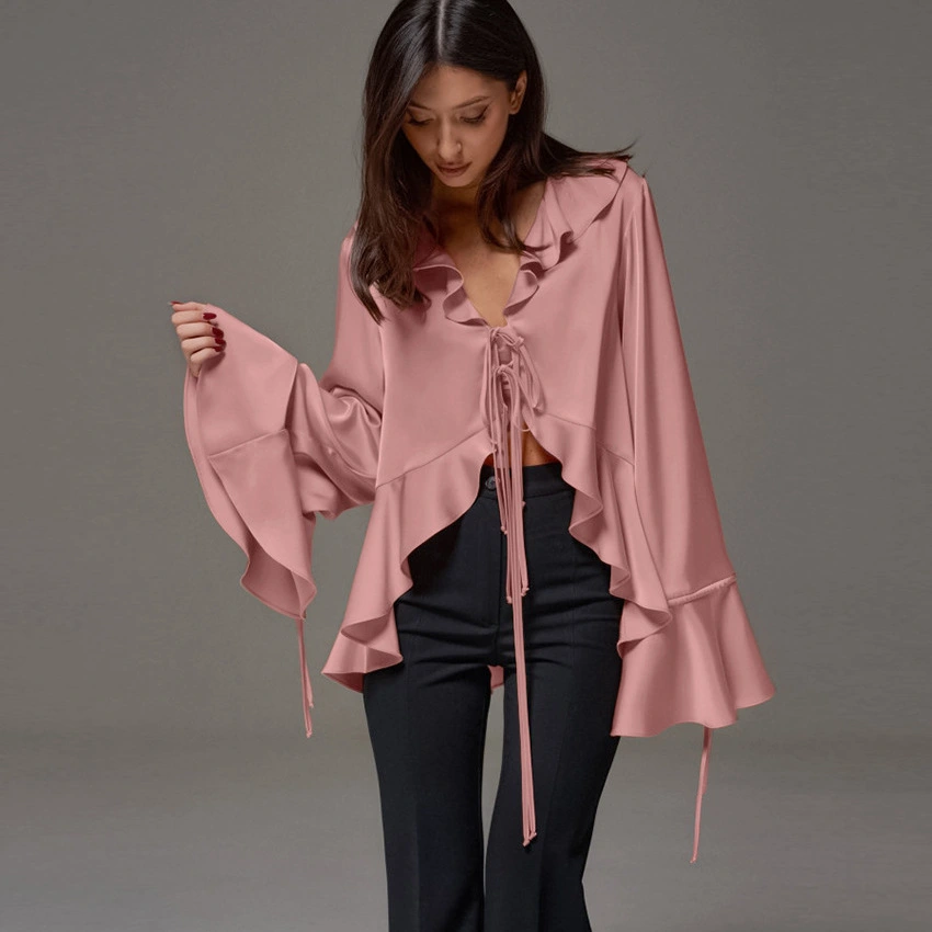 French-collar Lace-up Shirt Short Top Womens