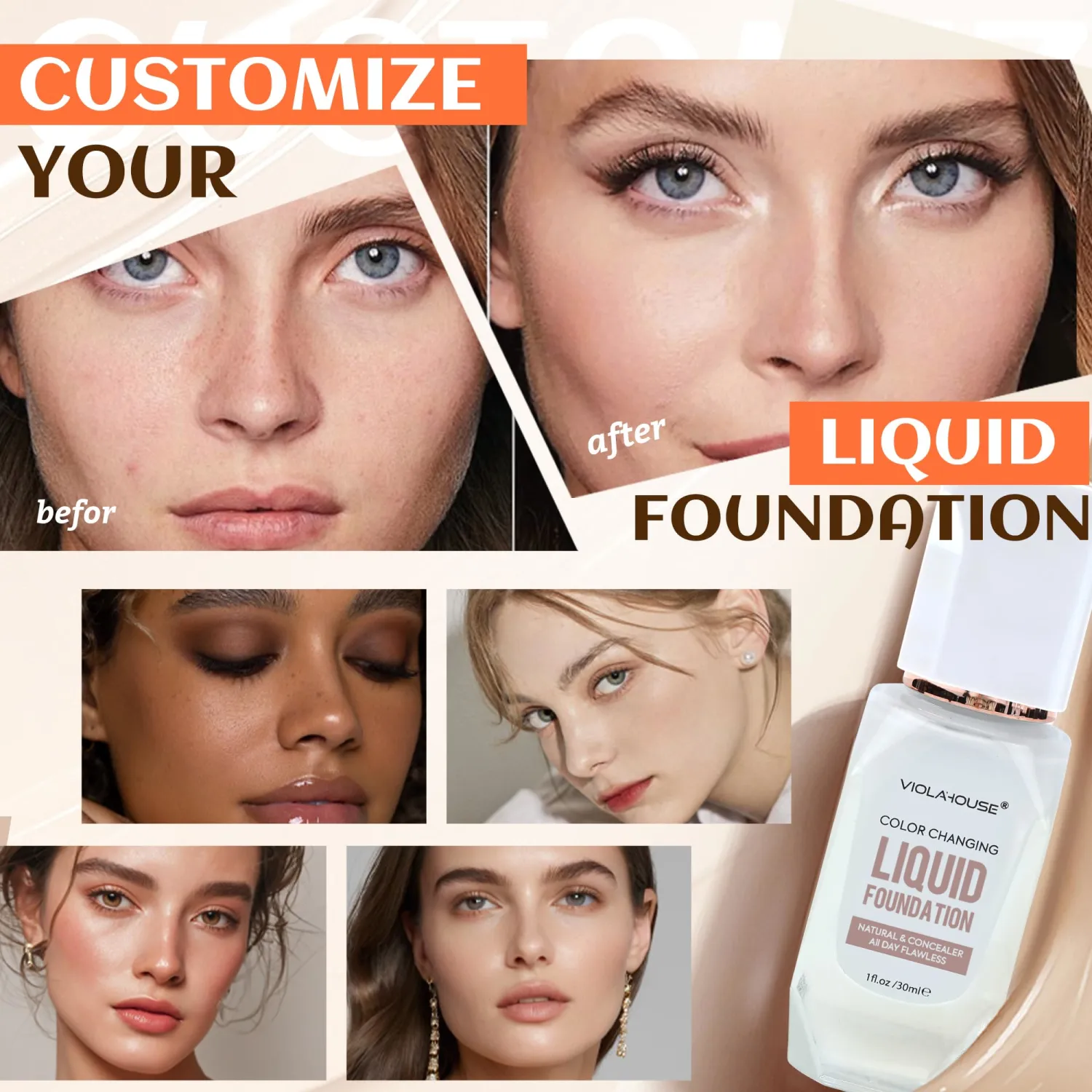 VIOLA HOUSE Color Changing Foundation, 4 in 1 Foundation, Color Changing Flawless Finish, Lightweight, Moisturizing Glow, 1.0 Fl Oz (Medium skin color, 1.0 Fl Oz/30ML)