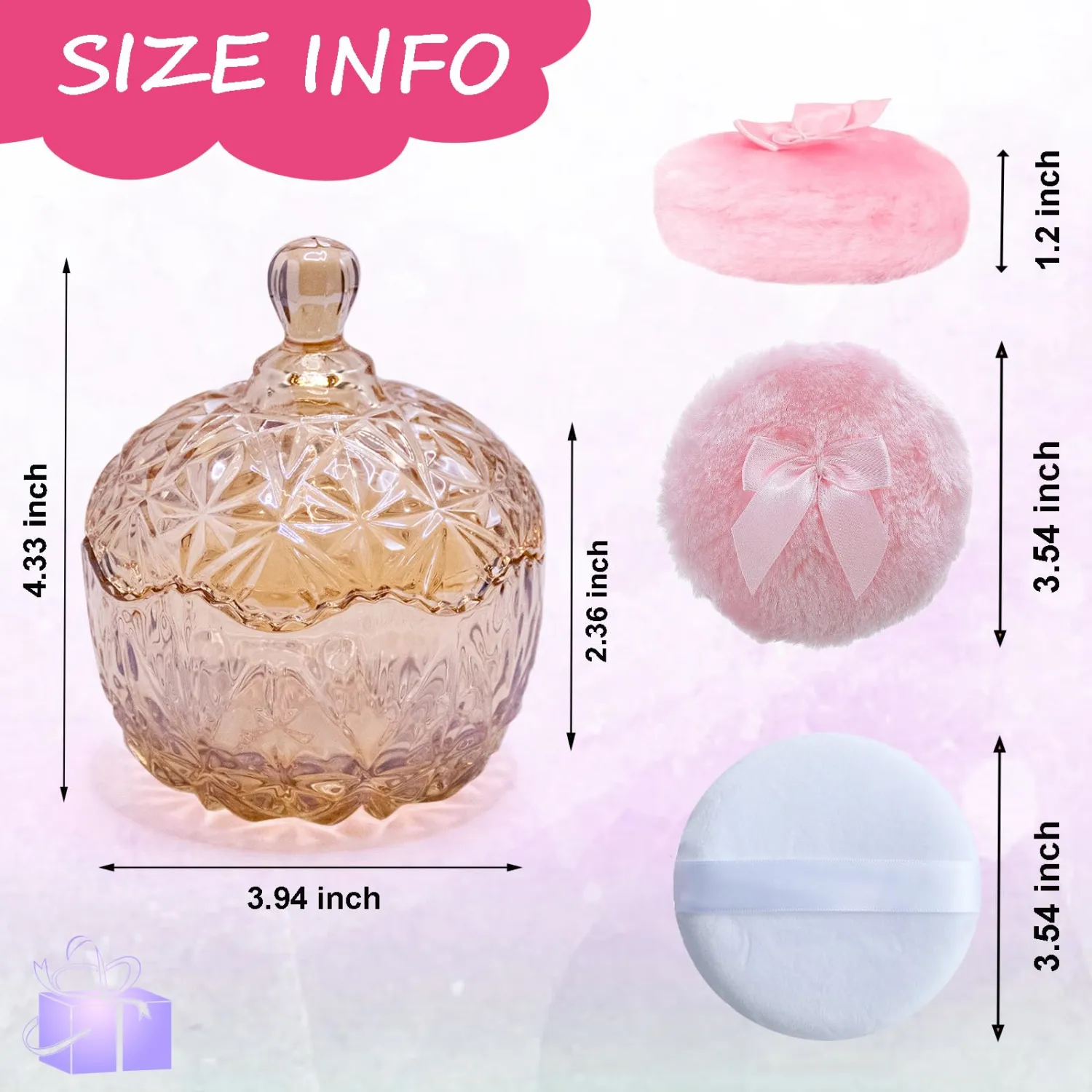 5 Pieces Large Body Powder Puff and Powder Container, Crystal Case for Dust Puff, Powder applicator with Box for Face and Body (Amber, Crown)