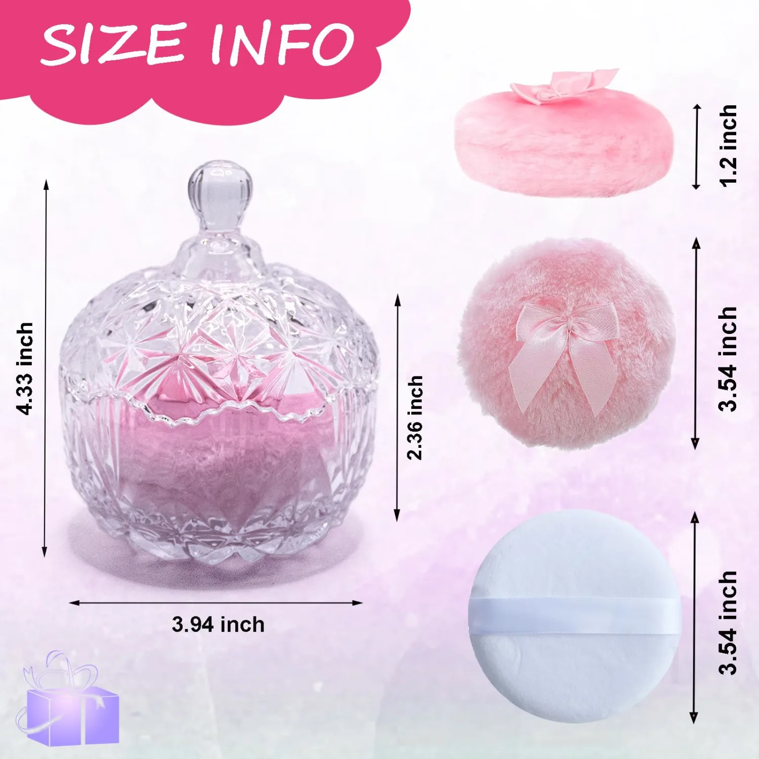 5 Pieces Large Body Powder Puff and Powder Container, Crystal Case for Dust Puff, Powder applicator with Box for Face and Body (Clear, Crown)