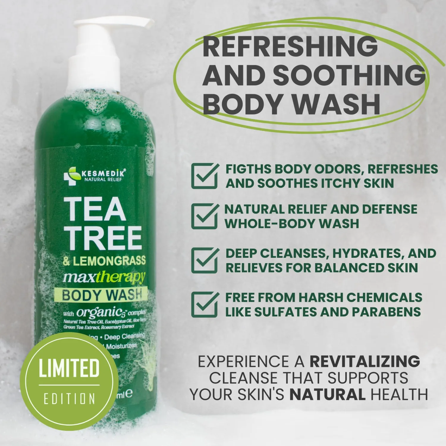 Tea Tree Lemongrass Body Wash MaxTherapy, Itchy Skin Relief, Antifungal Defense, Fights Body Odor, Soothes Jock Itch & Athlete's Foot, Intimate Wash, Men & Women, 16 fl oz, Limited Edition
