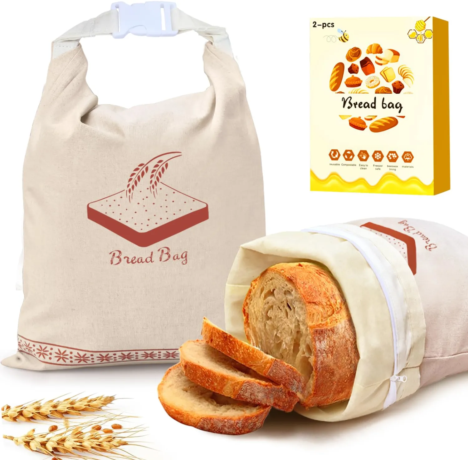 Mosucoirl Beeswax Bread Bags 2 Pack, Reusable Bread Storage Boxes for Homemade Sourdough, Cotton Food Bags Loaf Containers to Keep Fresh Large