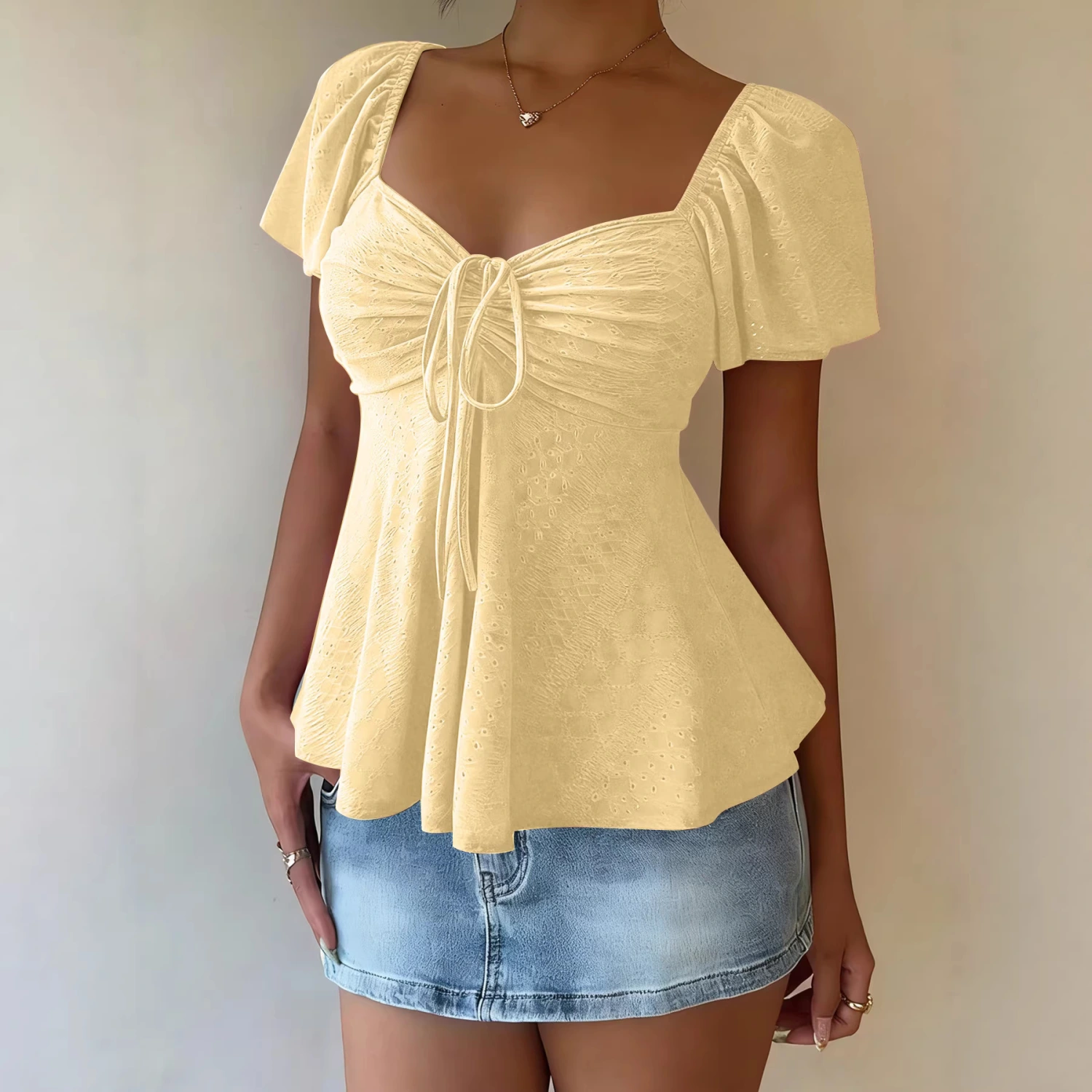 Euramerican V-neck Drawstring Tie-up Top