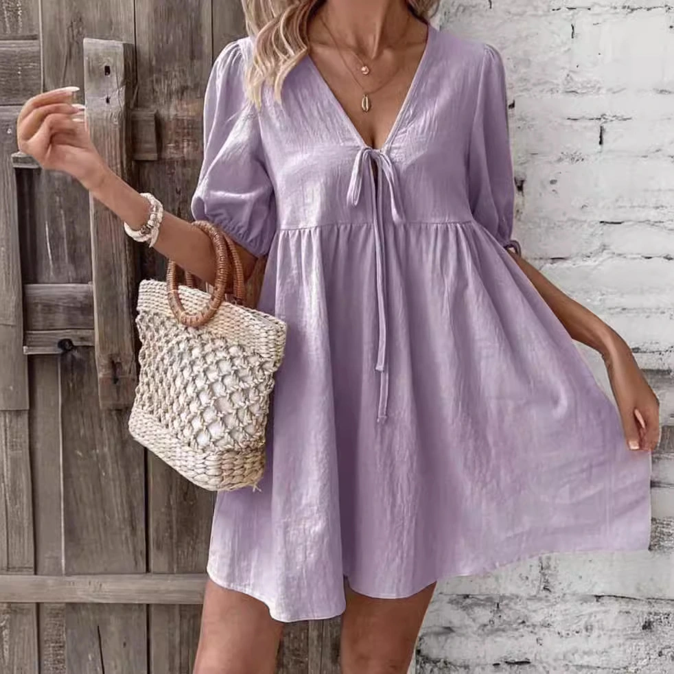 Deep V-neck Design Chest Lace-up A- Line Dress