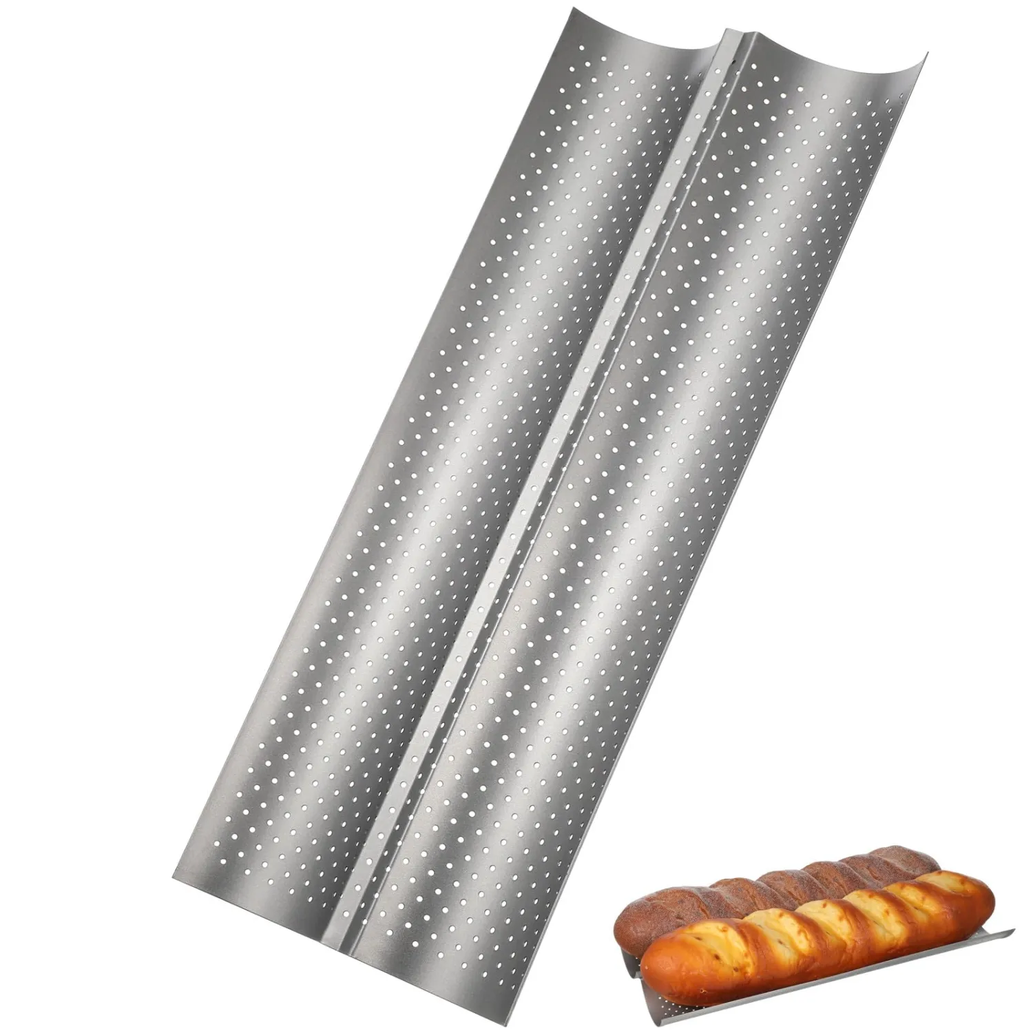 Healifty Bread Stick Baking Tray Wave Mould 2-slot Silver Small Artisan Baguette Pan Kitchen Bakeware for Home Baking