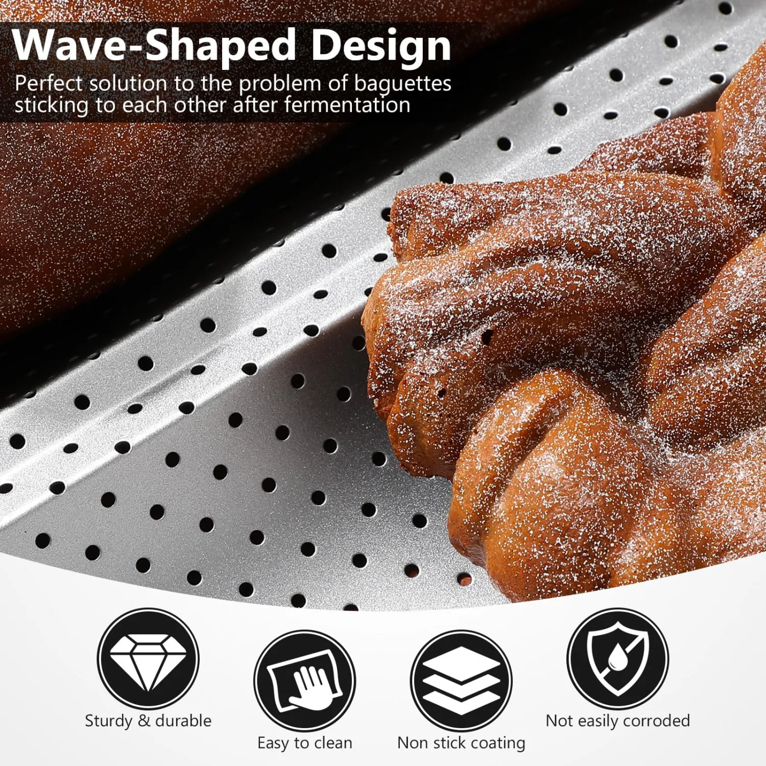 Healifty Bread Stick Baking Tray Wave Mould 2-slot Silver Small Artisan Baguette Pan Kitchen Bakeware for Home Baking