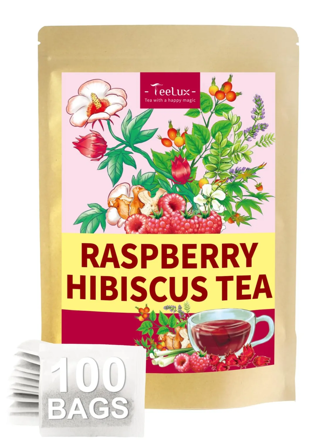 TeeLux Raspberry Hibiscus Tea Bags, Tart Hibiscus with Sweet Licorice & Refreshing Lemongrass, Tart & Sweet Flavor, Caffeine Free, 100 Count