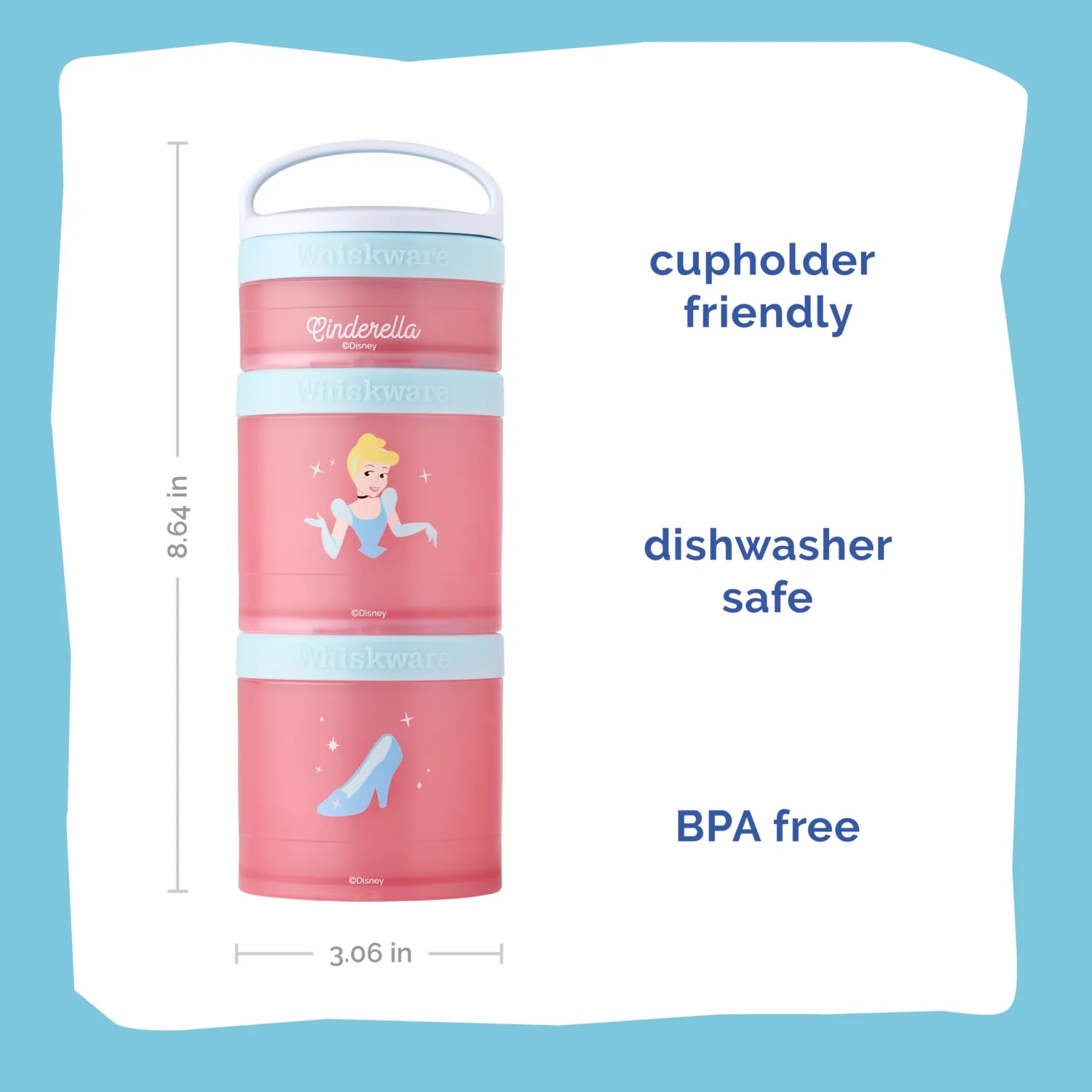 Whiskware Disney Princess Cinderella, Stackable Snack Containers for Kids, 3 Stackable Snack Cups for School or Travel, Backpack and Cupholder Friendly, Glass Slipper