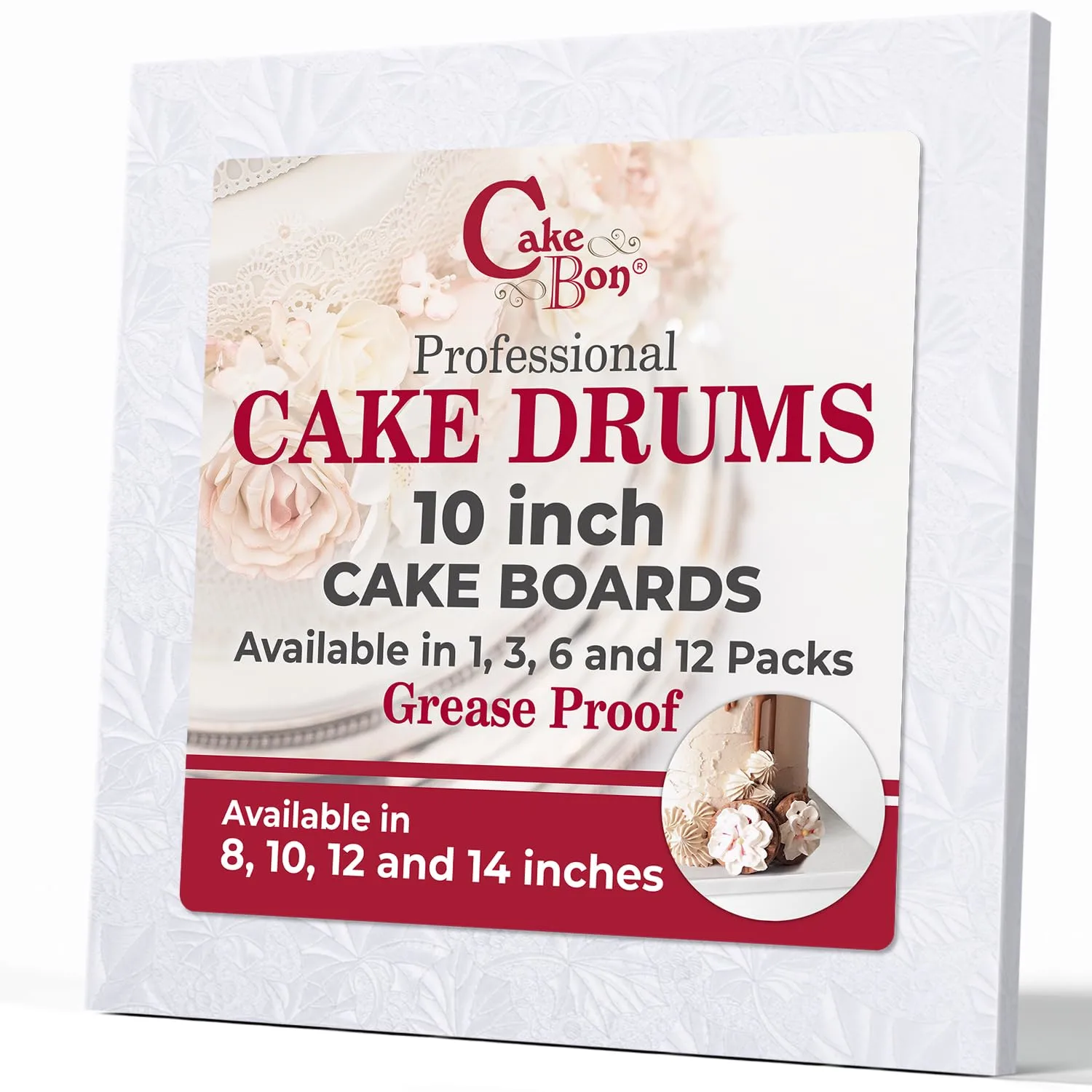 Cakebon Square Cake Boards - Sturdy 1/2 Inch Thick Cake Drums - 10 Inch Professionally Wrapped Edges White 1-Pack