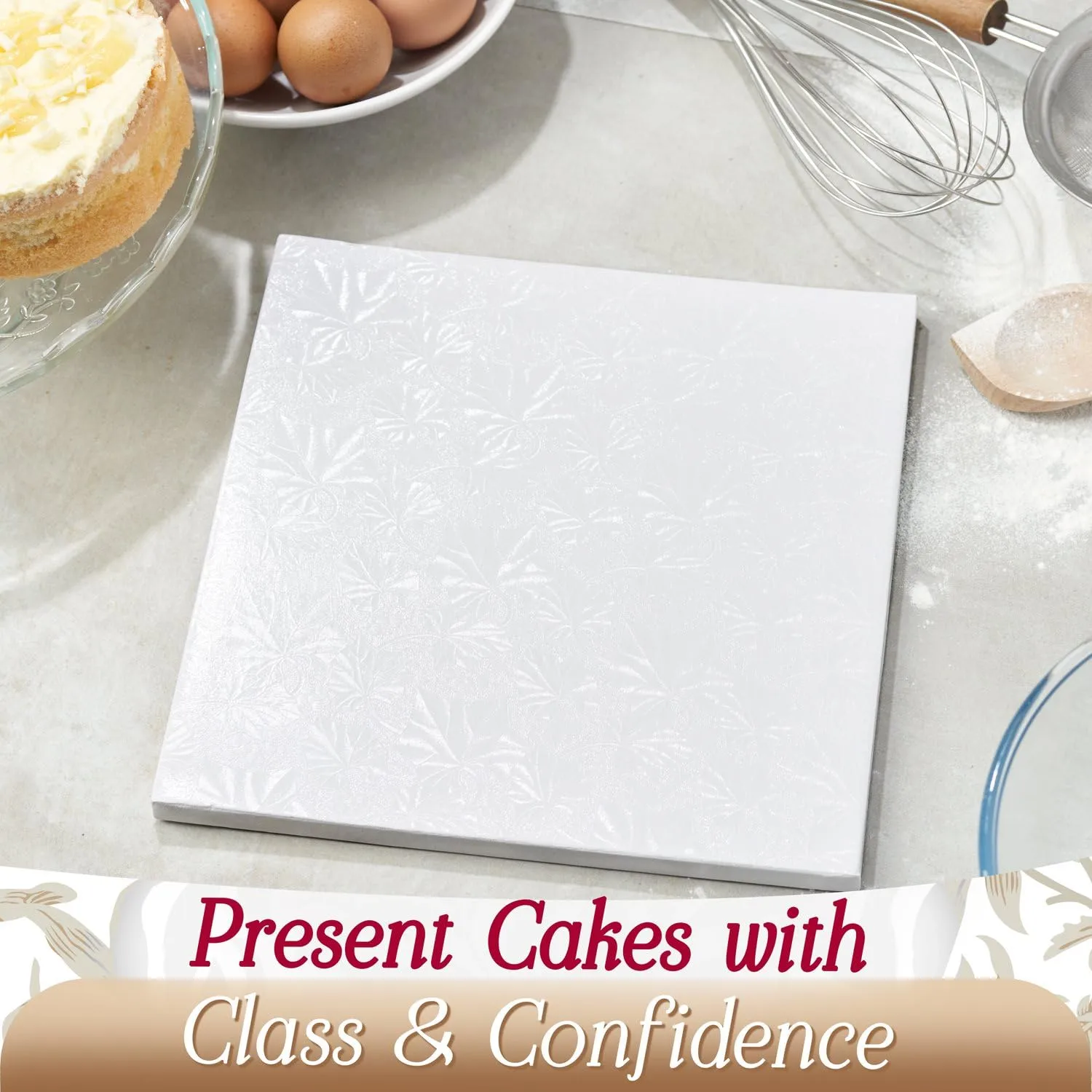 Cakebon Square Cake Boards - Sturdy 1/2 Inch Thick Cake Drums - 10 Inch Professionally Wrapped Edges White 1-Pack