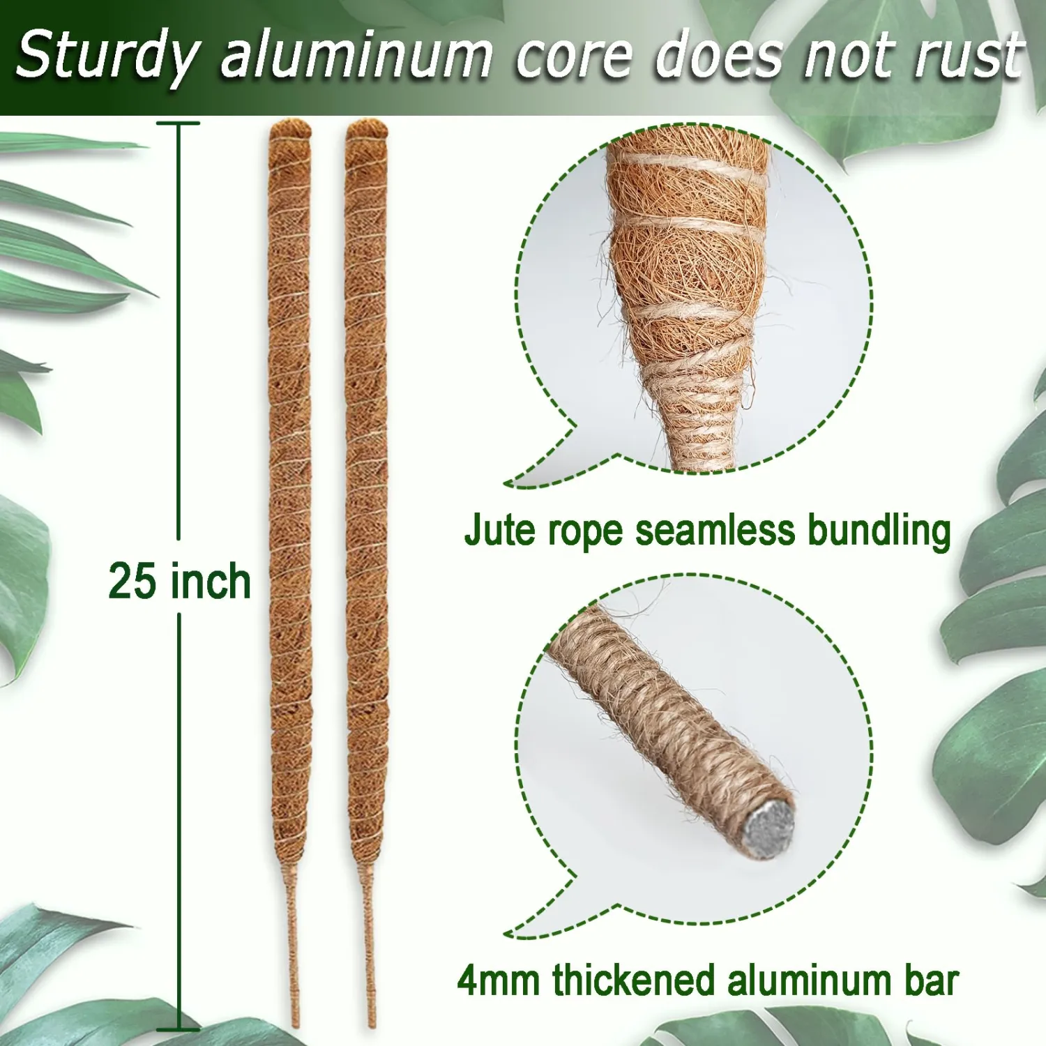 2 Pack 25" Moss Pole, Bendable Moss Pole for Plants Monstera, Moss Poles for Climbing Plants Indoor, Handmade Coco Coir Plant Pole Sticks Support Stakes for Potted Plants
