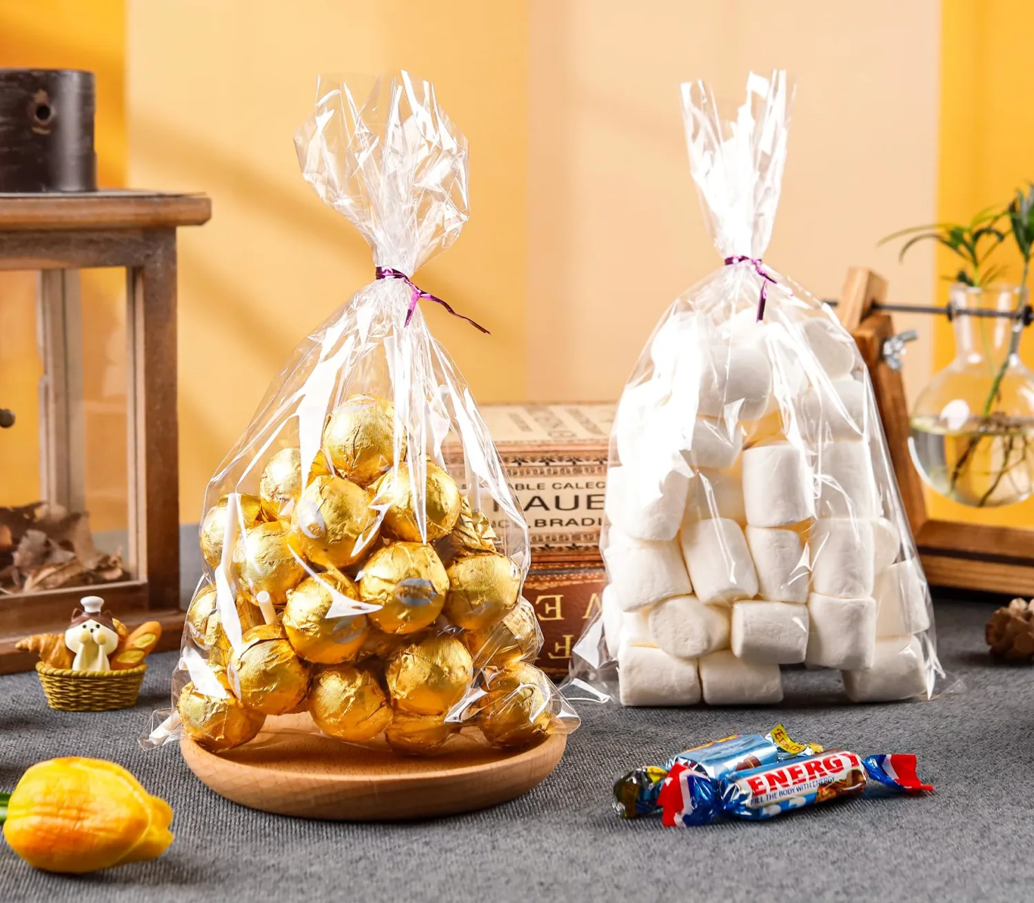 NPLUX 100 Pack Cellophane Bags Small Plastic Cookie Bag Clear Treat Bags with Twist Ties for Small Gift Party Favors, Bakery, Candy, Popcorn (6×10In)