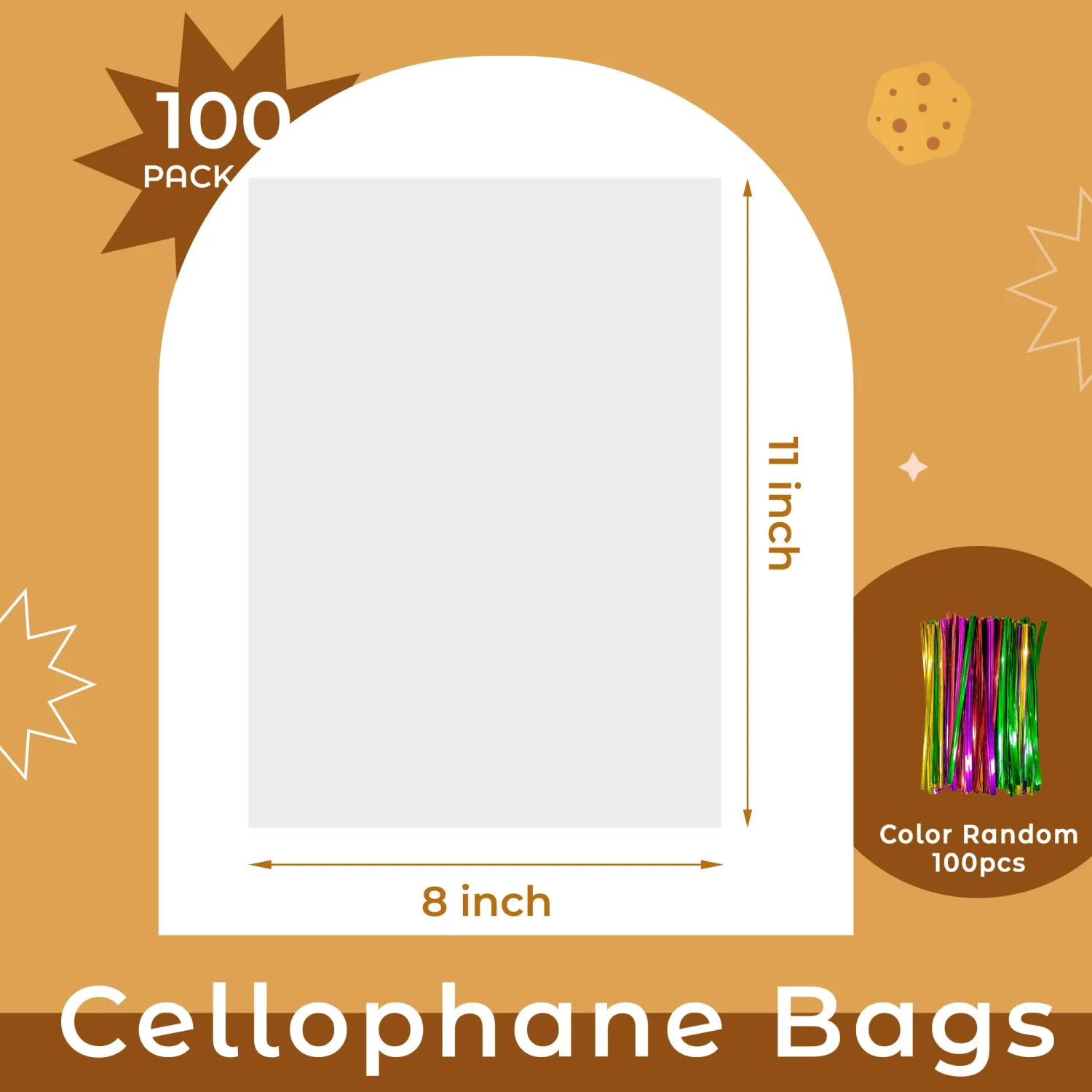 NPLUX 100 Pack Cellophane Bags Small Plastic Cookie Bag Clear Treat Bags with Twist Ties for Small Gift Party Favors, Bakery, Candy, Popcorn (8×11In)