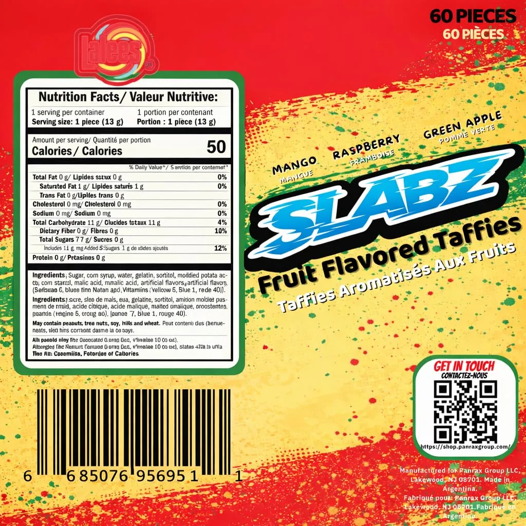 Lalees Taffy Slabz - Assorted Fruit Flavors - Bulk Chewy Candy Bars - Individually Wrapped Taffy Candy for Party Favors, Birthday Parties (60 Count)